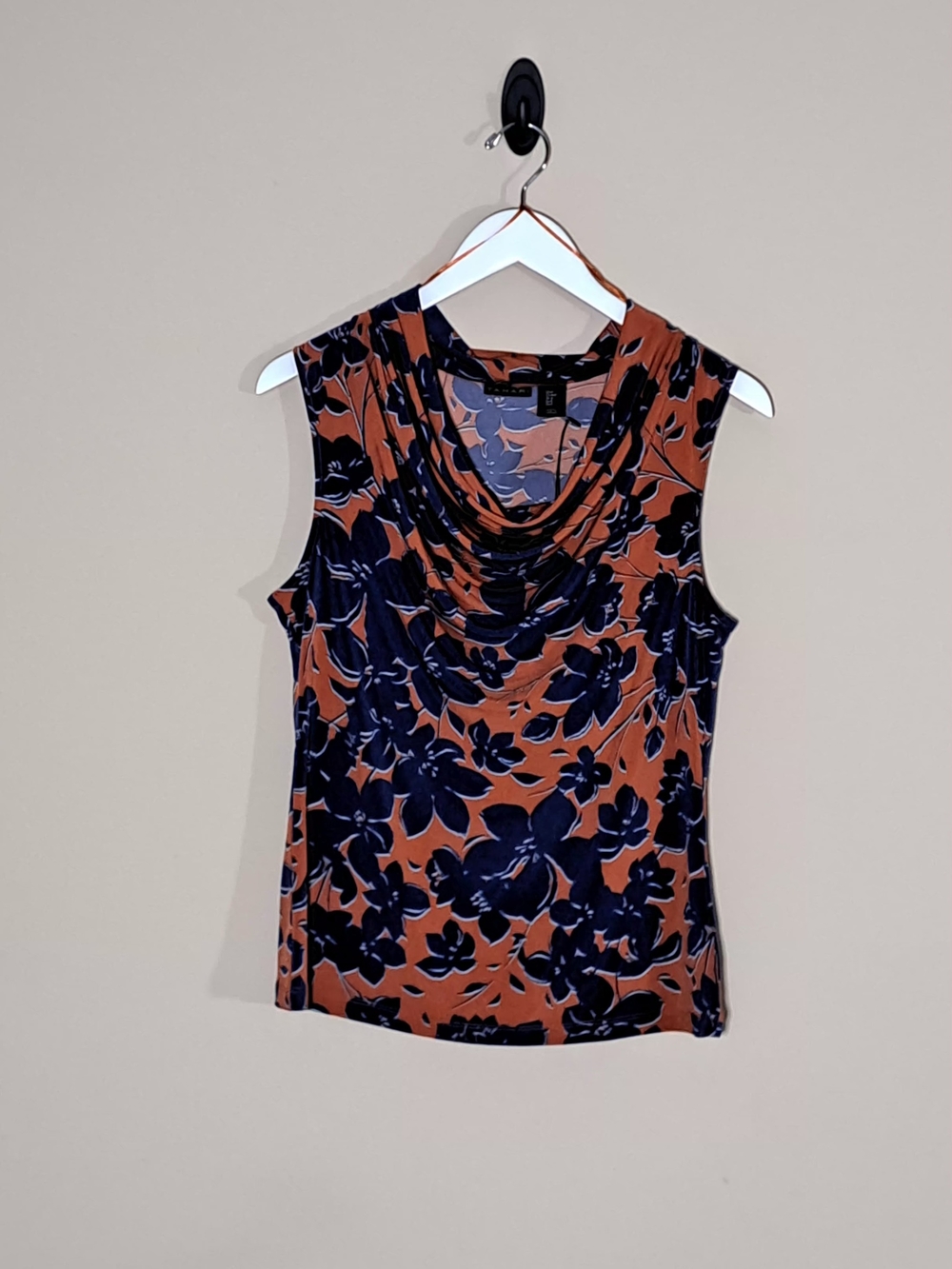 Navy Floral Cowl Neck Sleeveless Top - Rust Background-Tahari Size Medium